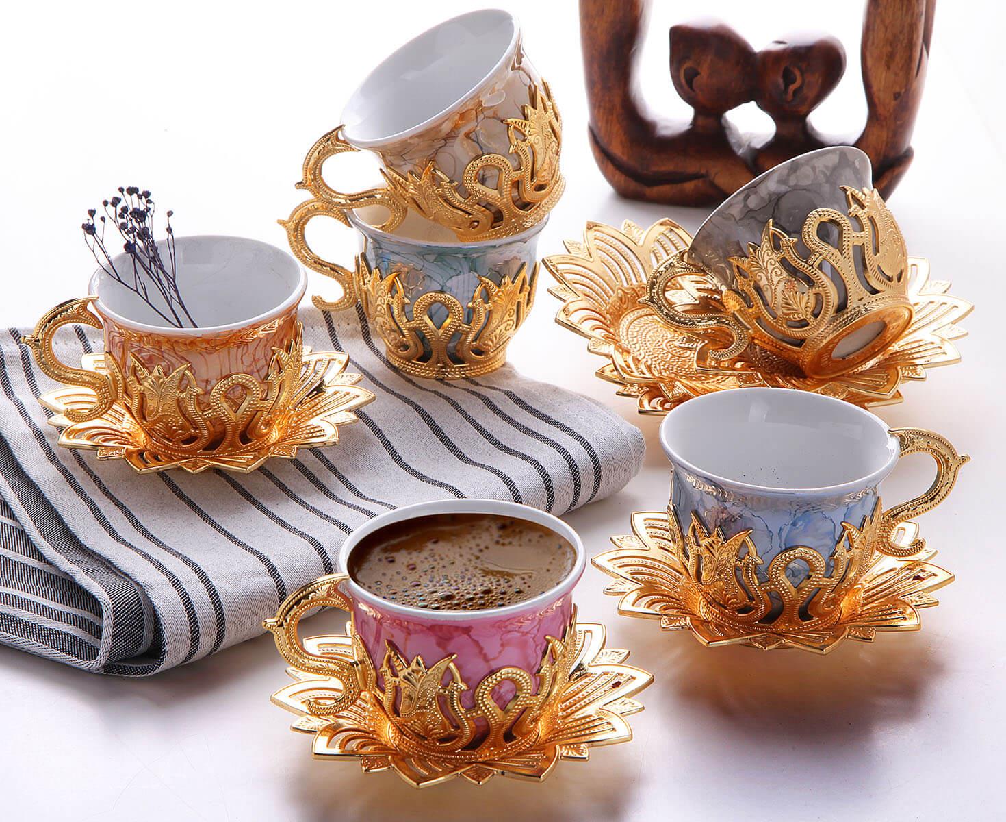 Ahsen Tiryaki Desenli Mix Kahve Seti 18 Parça-Altın Teknobutik.com'da
