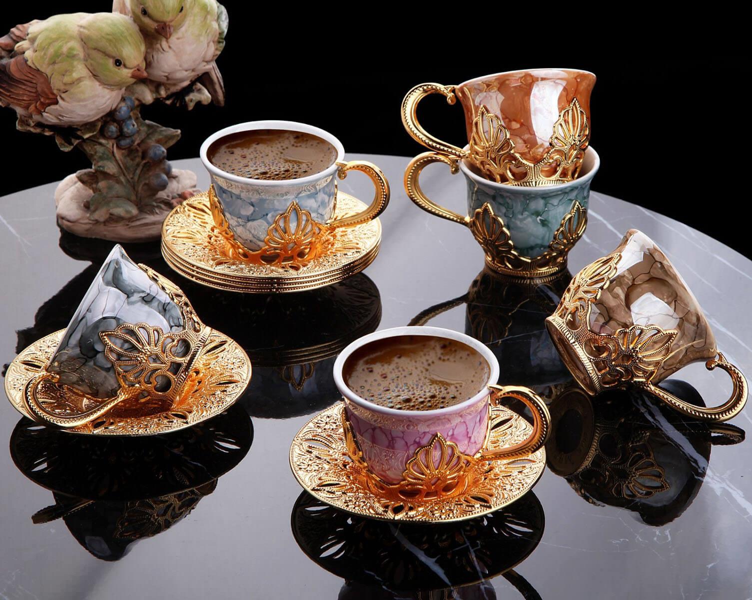 Ahu Tiryaki Desenli Mix Kahve Seti 18 Parça-Altın Teknobutik.com'da