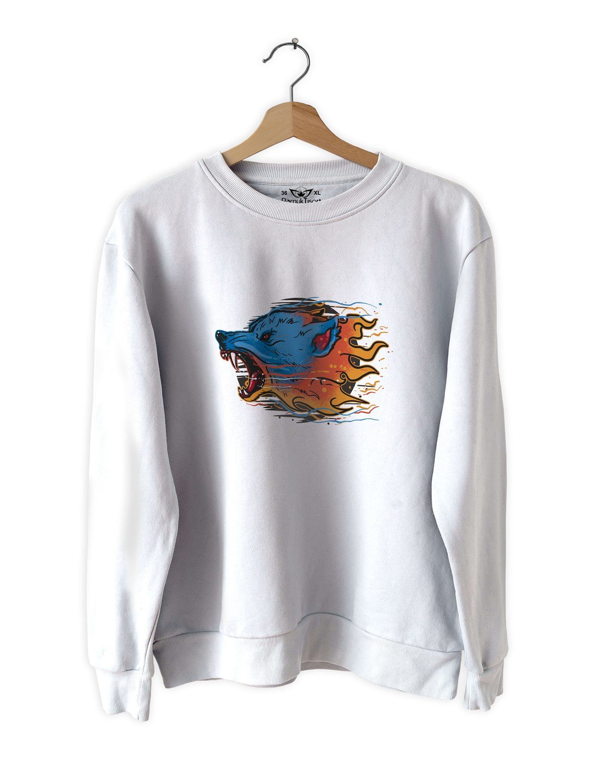 Ateş ve Kurt Baskılı Slim Fit Siyah - Beyaz Sweatshirt