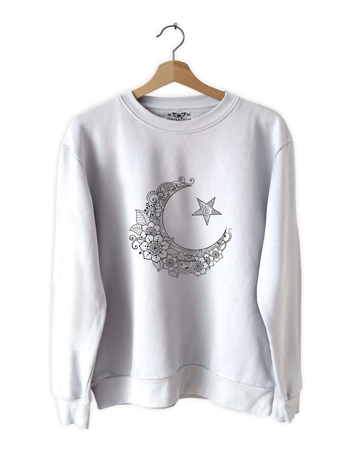 Ay Yıldız Baskılı Slim Fit Siyah - Beyaz Sweatshirt