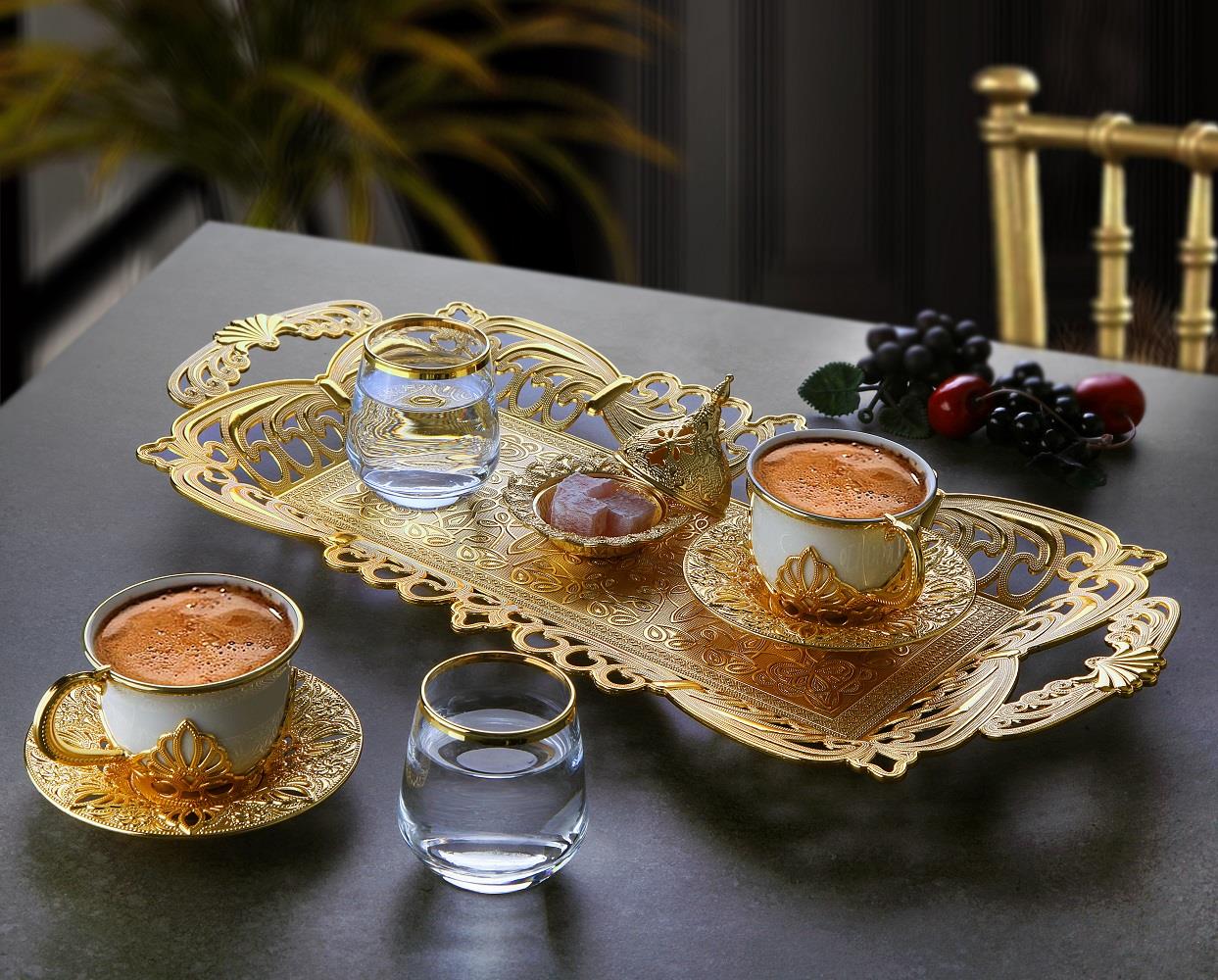 Busem Ahu İkili Sunum Tepsili Kahve Takımı 11 Parça-Altın Teknobutik.com'da