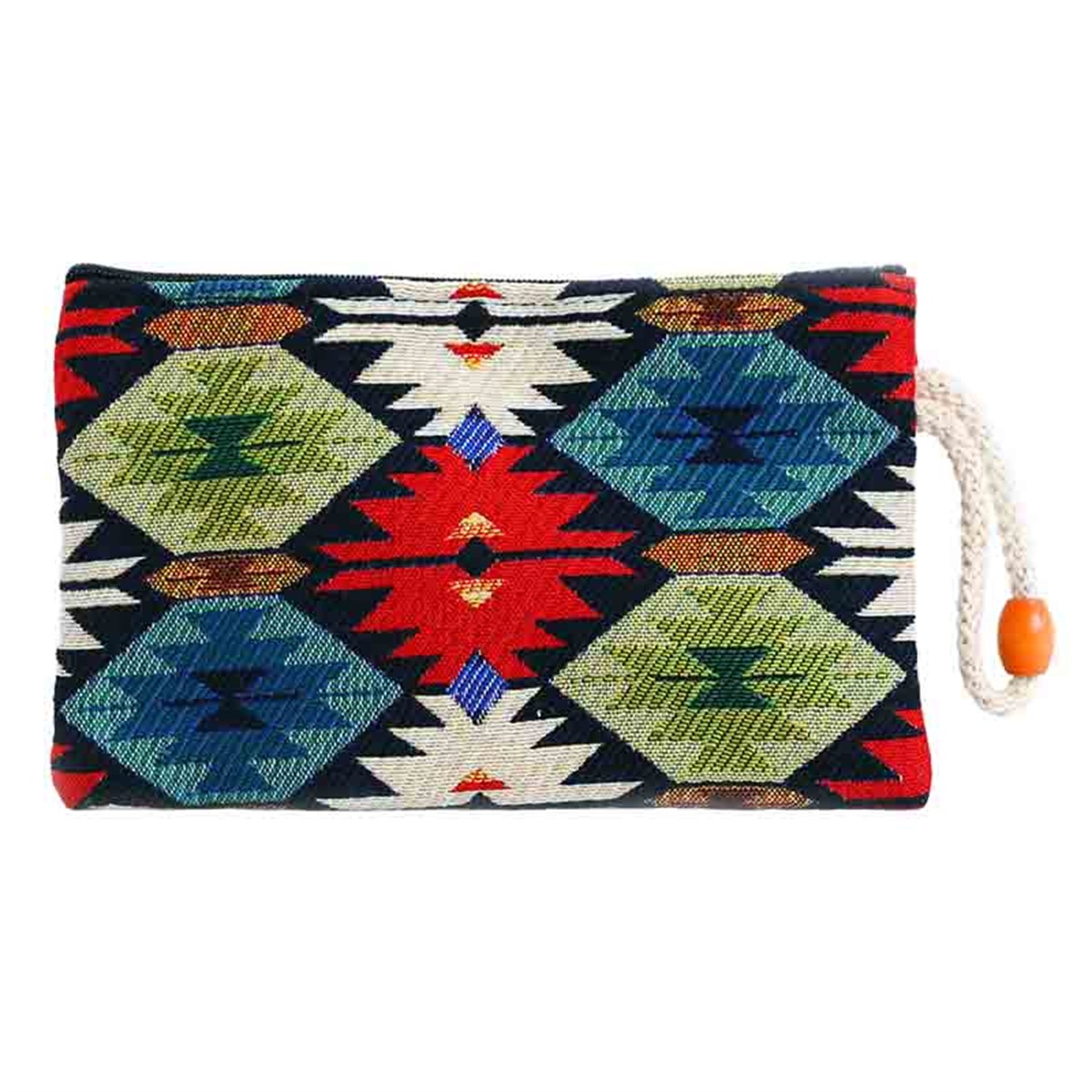 Ekose Kilim Desenli Goblen Dokuma İpli Boncuklu Cüzdan