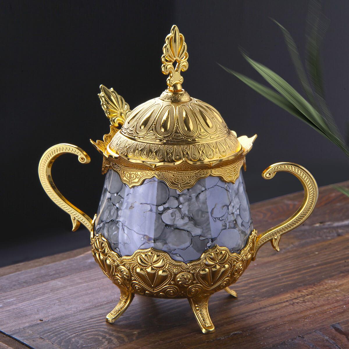 Gri Desenli Porselenli Yuvarlak Şekerlik-Altın Teknobutik.com'da