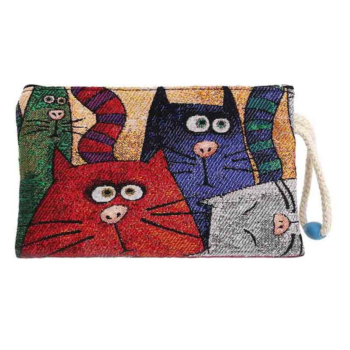 Kedi Desenli Goblen Dokuma İpli Boncuklu Cüzdan