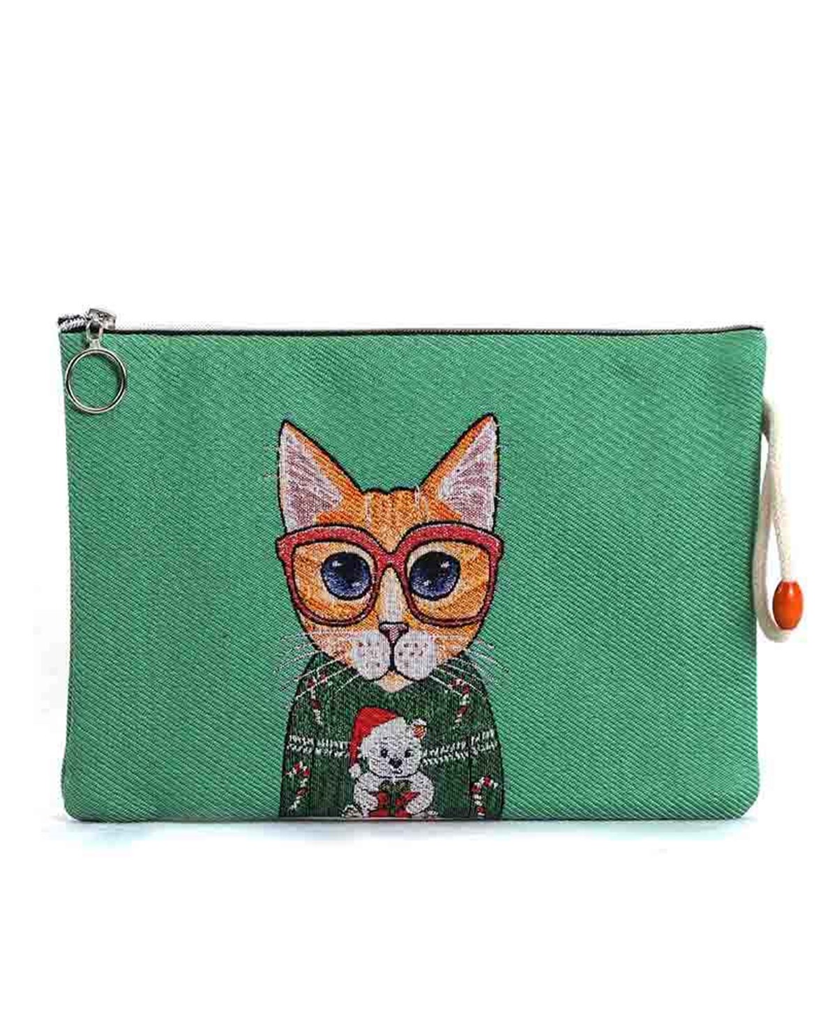 Kedi Desenli Goblen Dokuma Makyaj Çantası (Clutch)