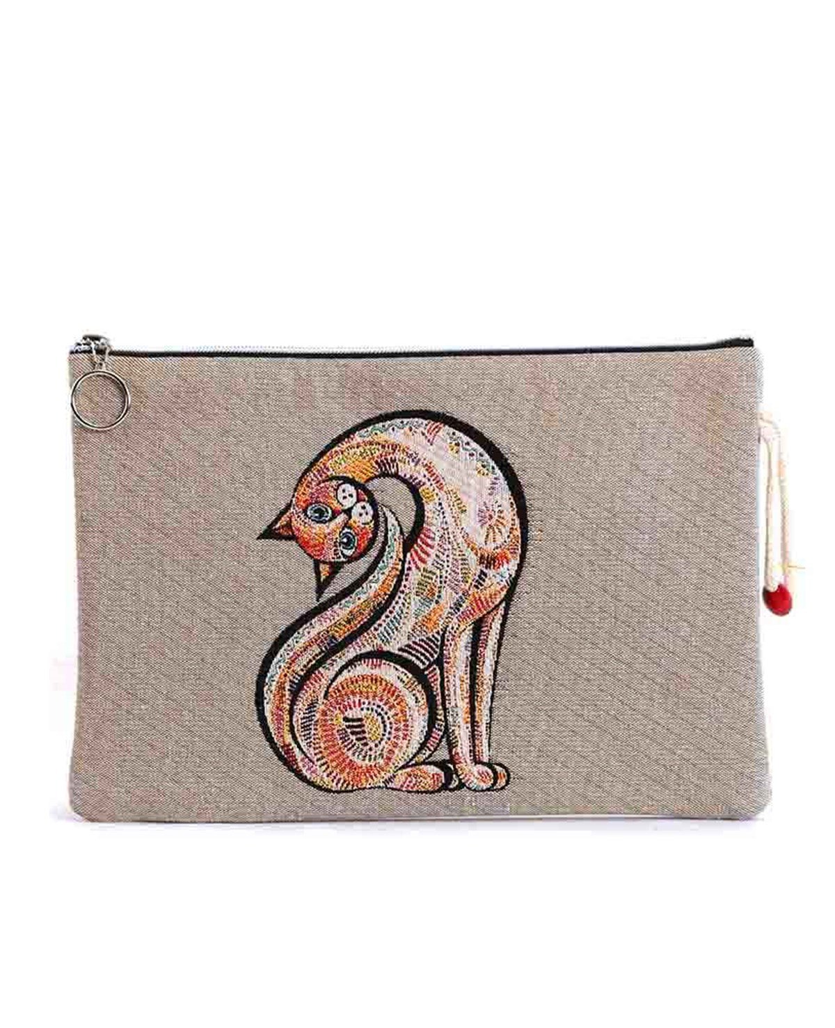 Kedi Desenli Goblen Dokuma Makyaj Çantası (Clutch)