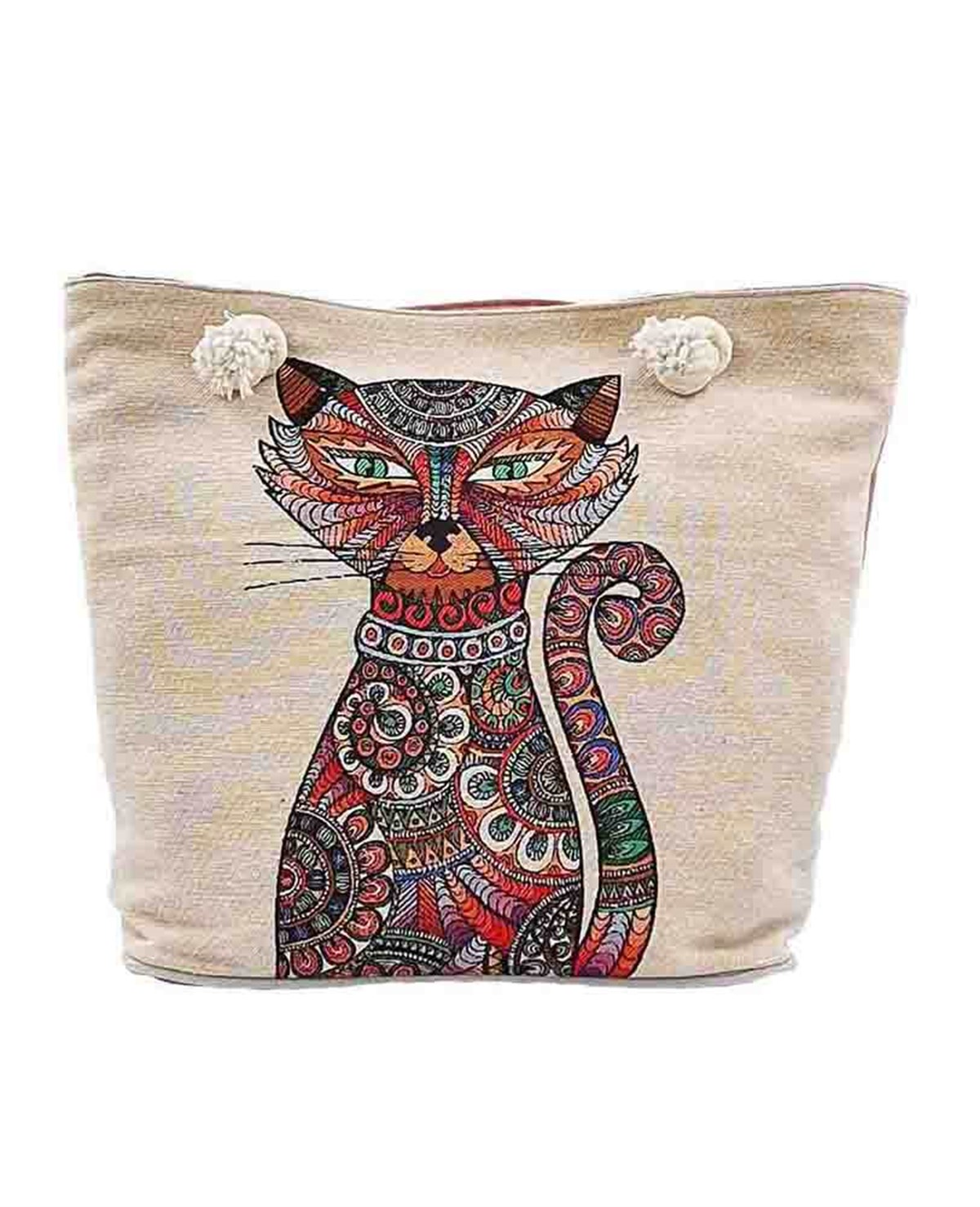 Kedi Desenli Goblen Dokuma Plaj Çantası