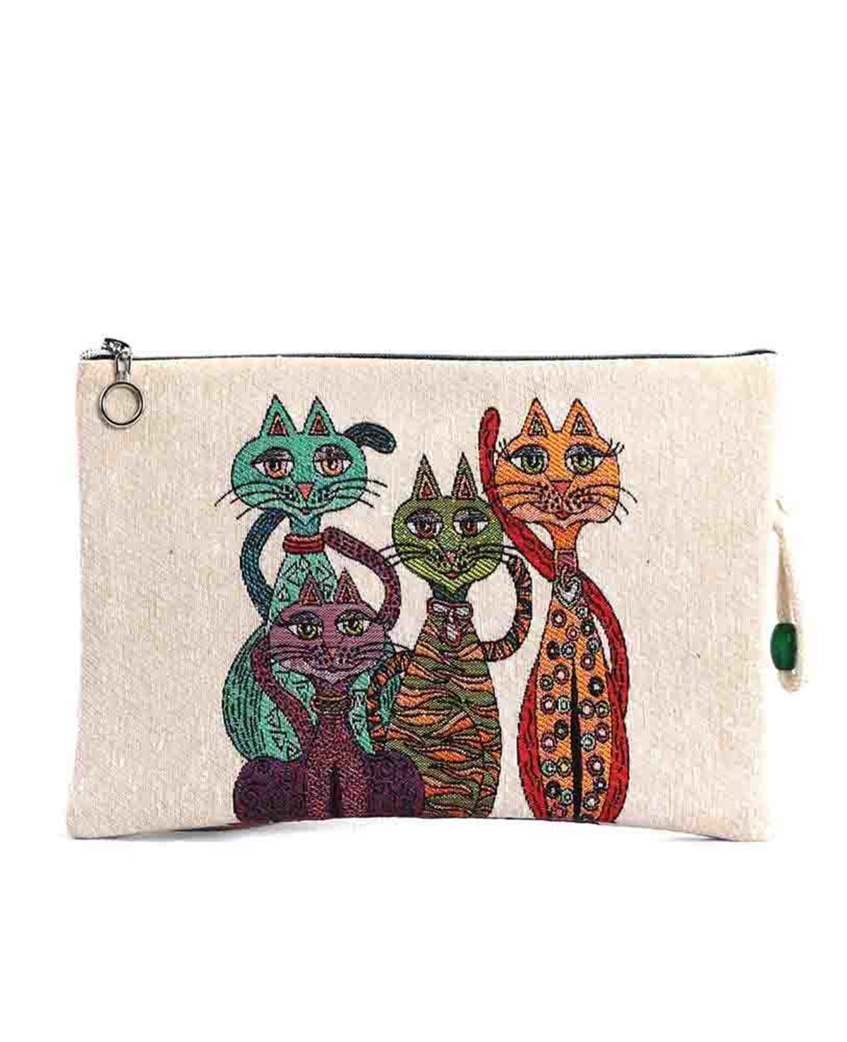 Kediler Desenli Goblen Dokuma Makyaj Çantası (Clutch)