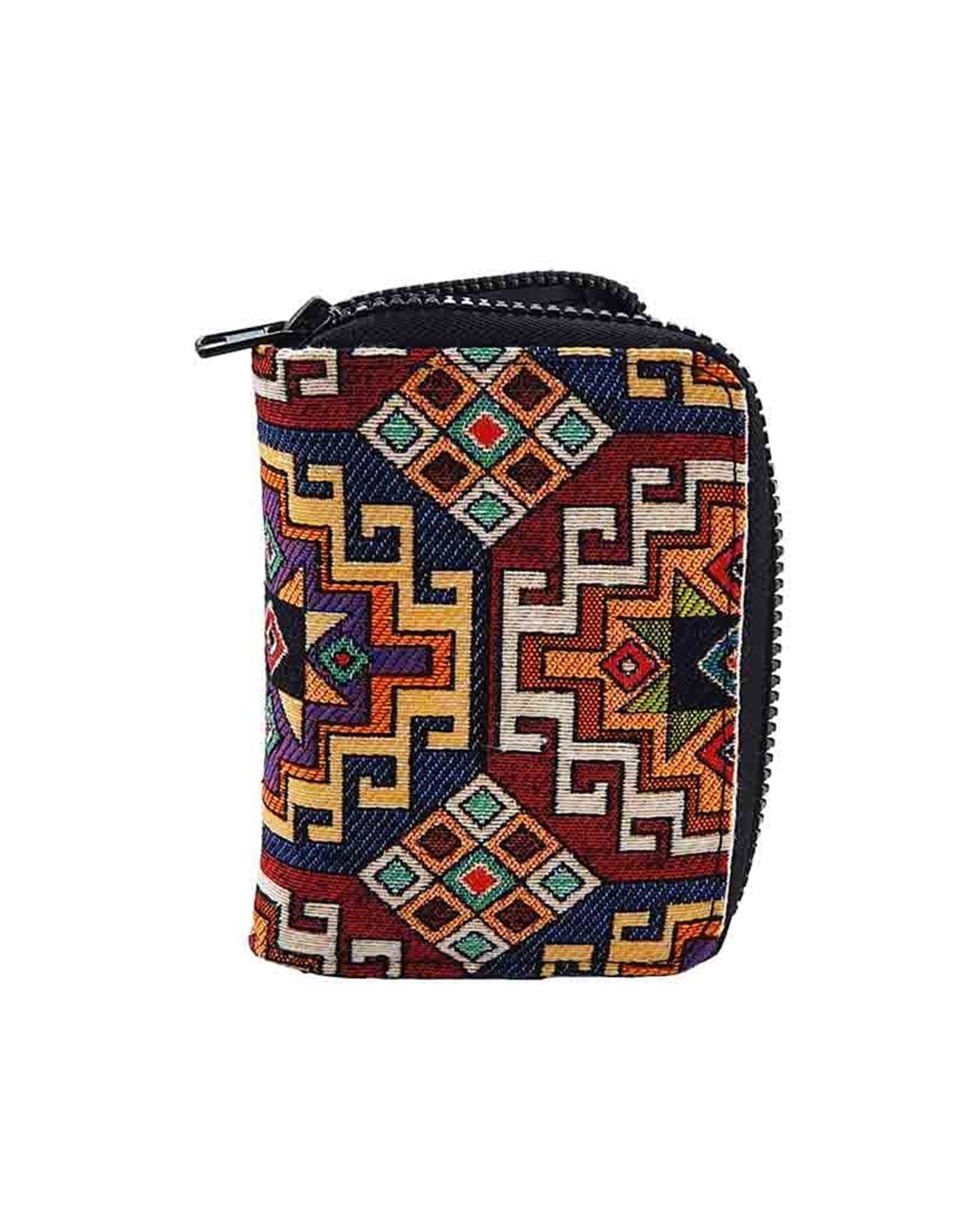 Kilim Desenli Goblen Dokuma Suni Deri Çok Fonksiyonlu Fermuarlı Cüzdan