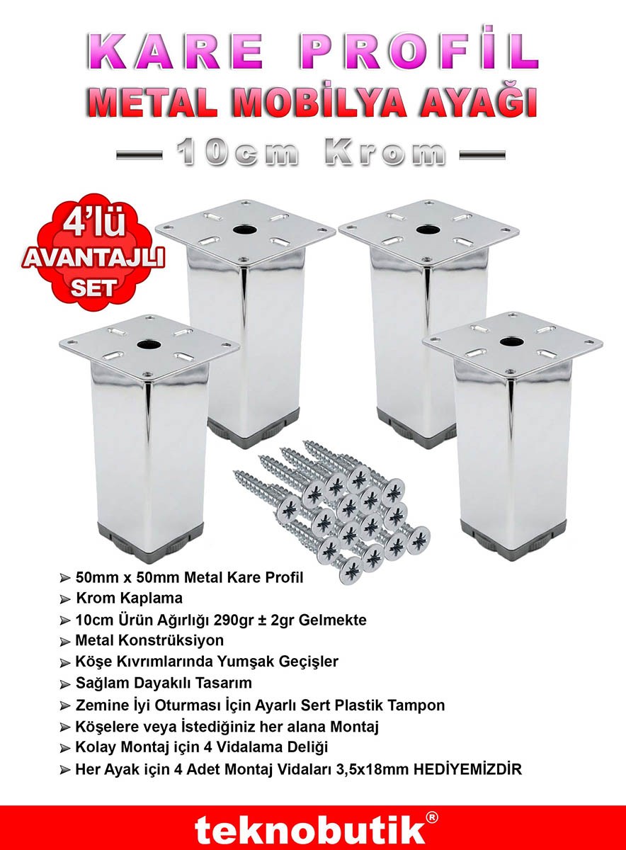 Krom 10cm Metal Kare Profil Baza Kanepe Dolap Ayağı 4 Adet Teknobutik.com'da