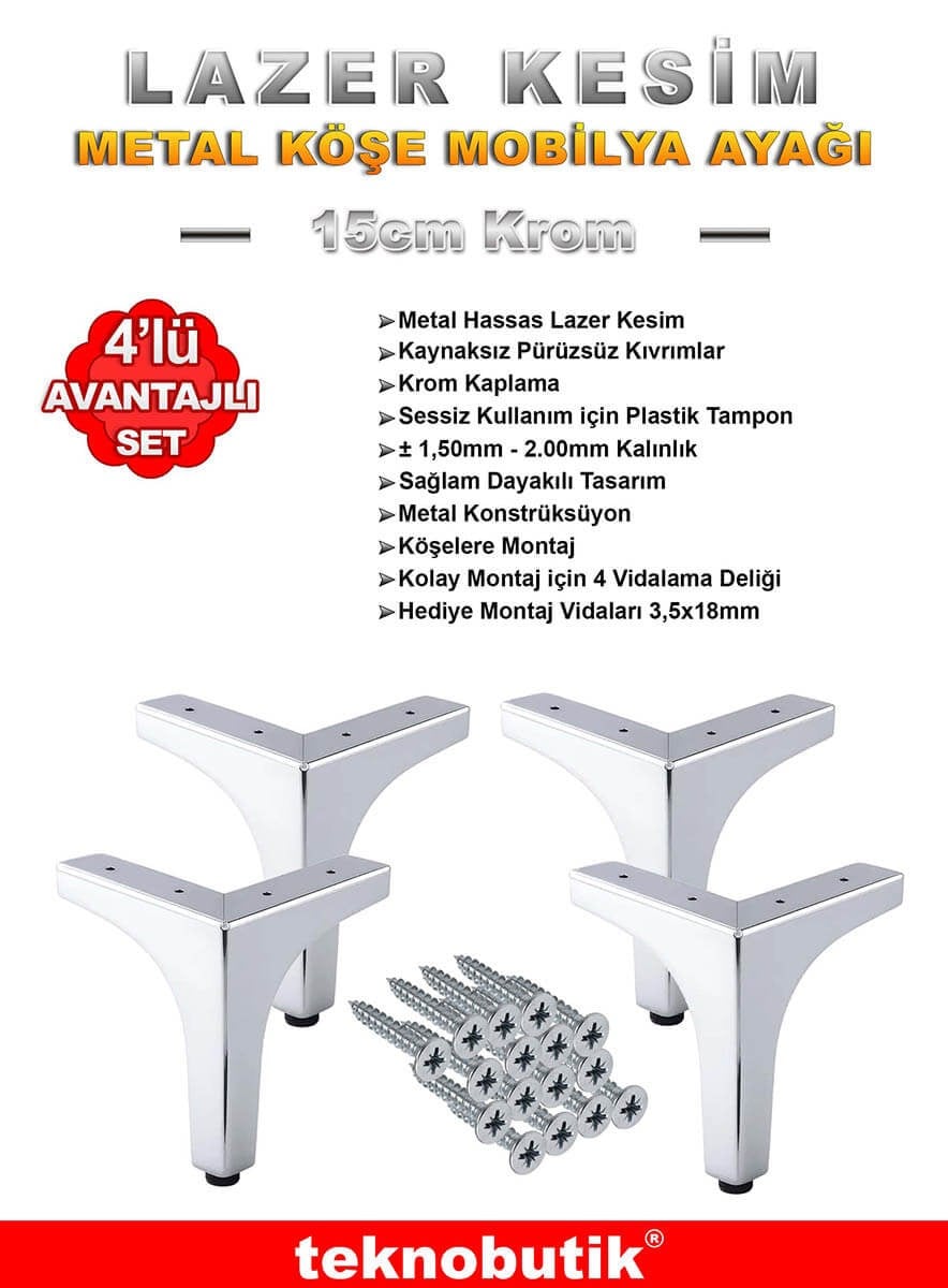 Krom 15cm Köşe Lazer Kesim Baza Kanepe Dolap Ayağı 4 Adet
