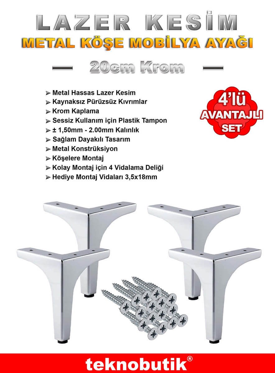 Krom 20cm Köşe Lazer Kesim Baza Kanepe Dolap Ayağı 4 Adet