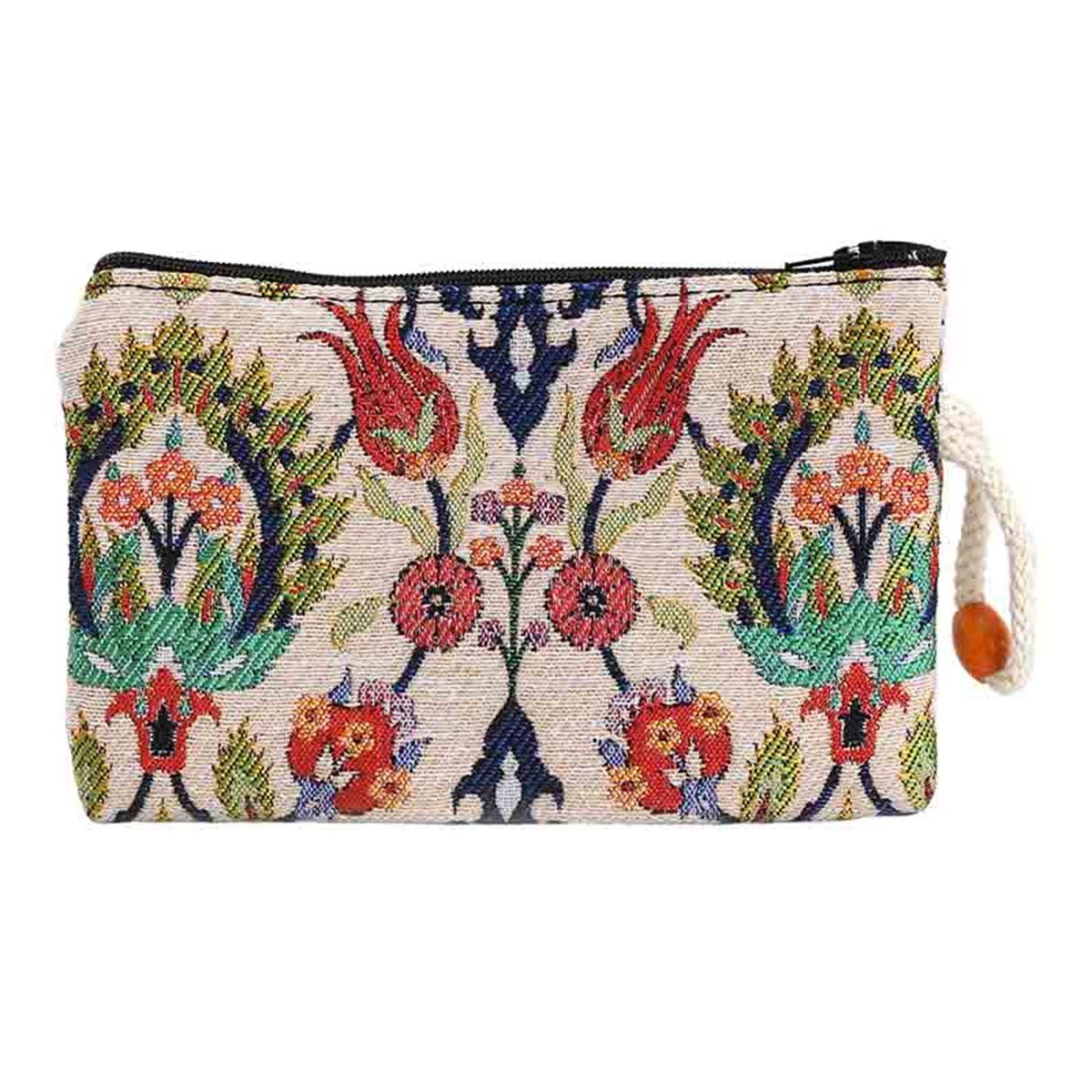 Lale Desenli Goblen Dokuma İpli Boncuklu Cüzdan