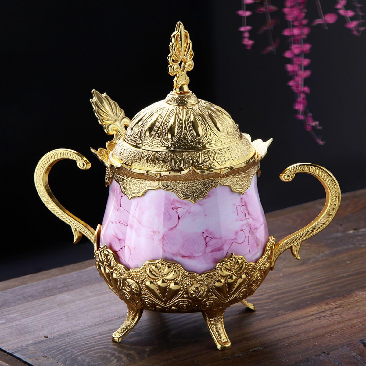 Pembe Desenli Porselenli Yuvarlak Şekerlik-Altın Teknobutik.com'da