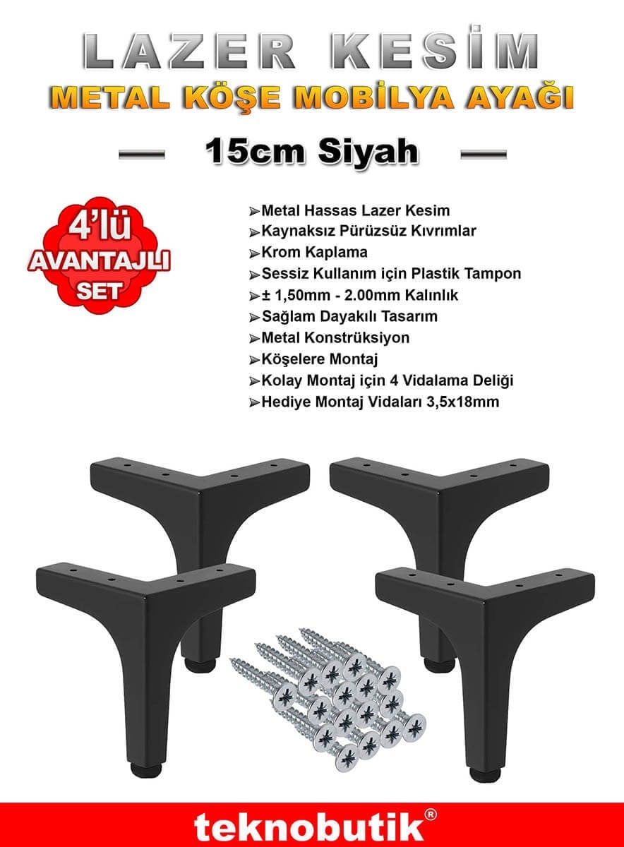 Siyah 15cm Köşe Lazer Kesim Baza Kanepe Dolap Ayağı 4 Adet