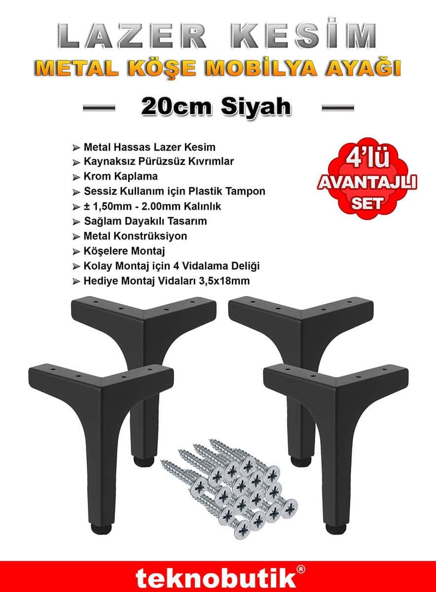Siyah 20cm Köşe Lazer Kesim Baza Kanepe Dolap Ayağı 4 Adet