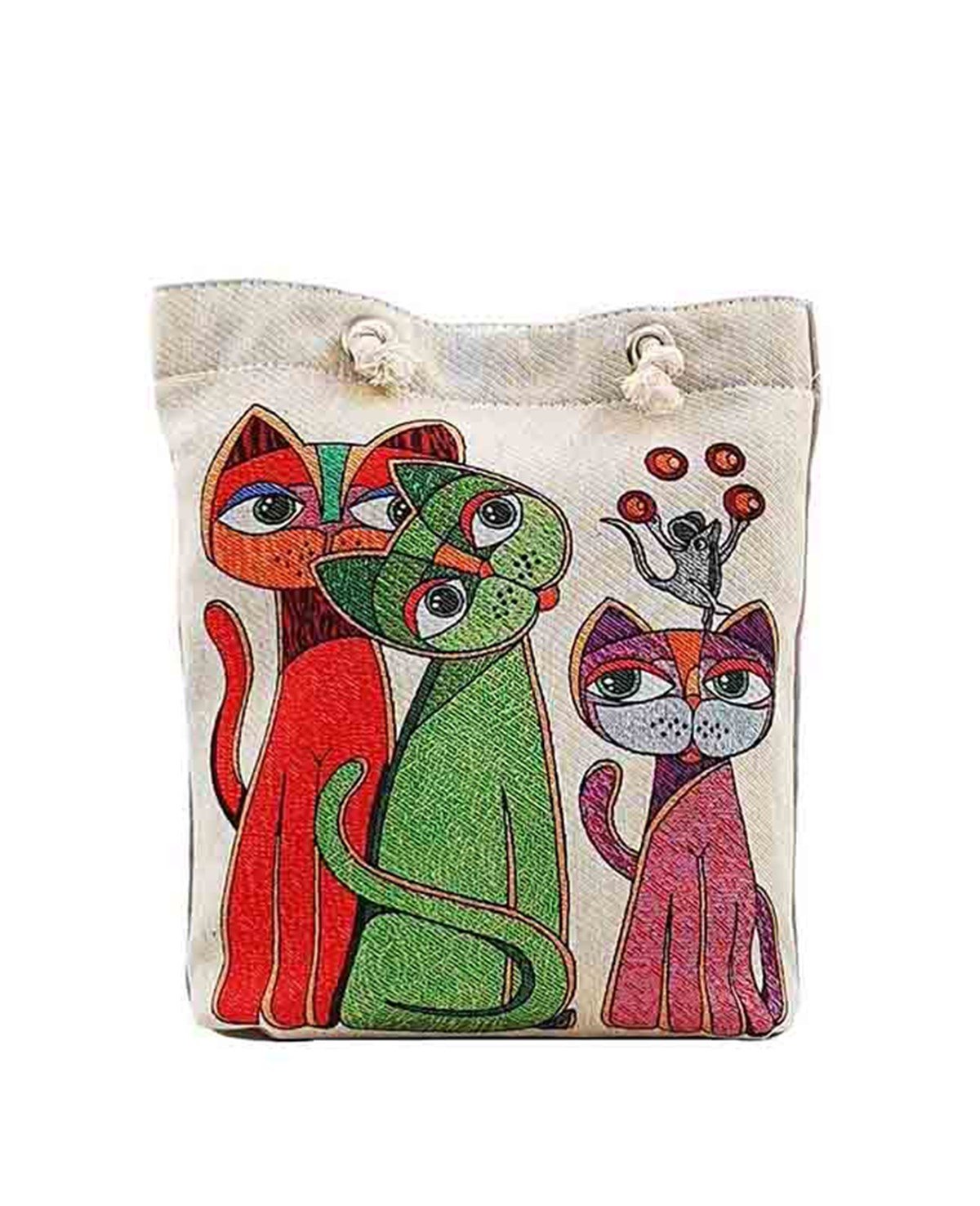 Üç Kedi Baskılı Goblen Dokuma Heybe Çanta