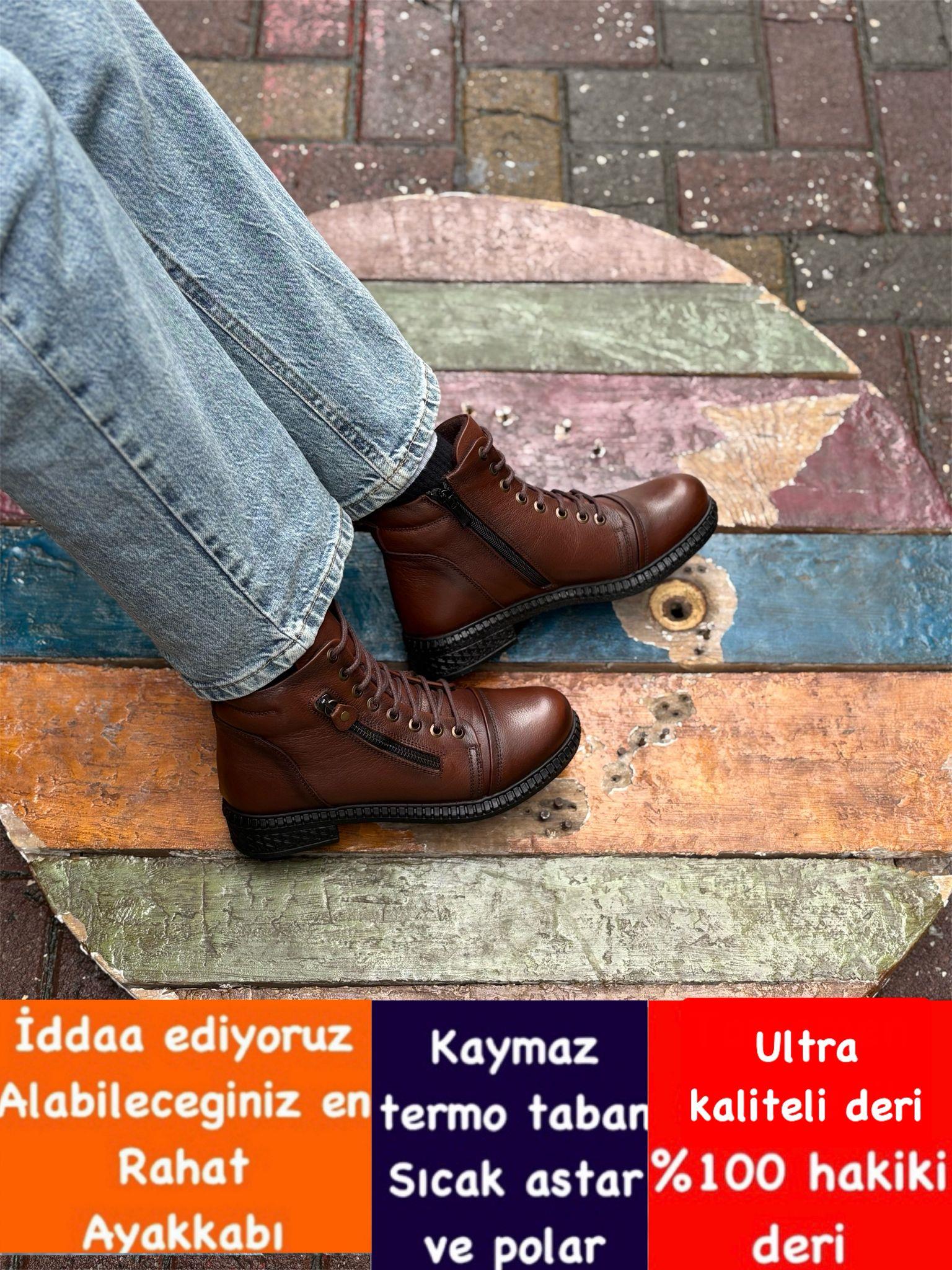 Buğra erol Ortopedik Tabanlıklı Hakiki Deri Bot castle taba fermuarlı-304558