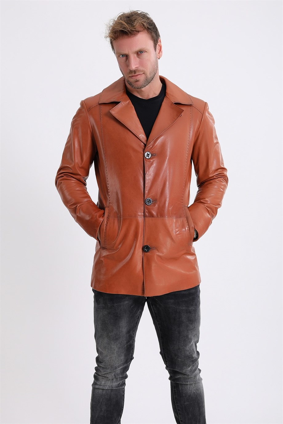 معطف جلد مدبوغ نباتيًا بني فاتح, LC Leather Club