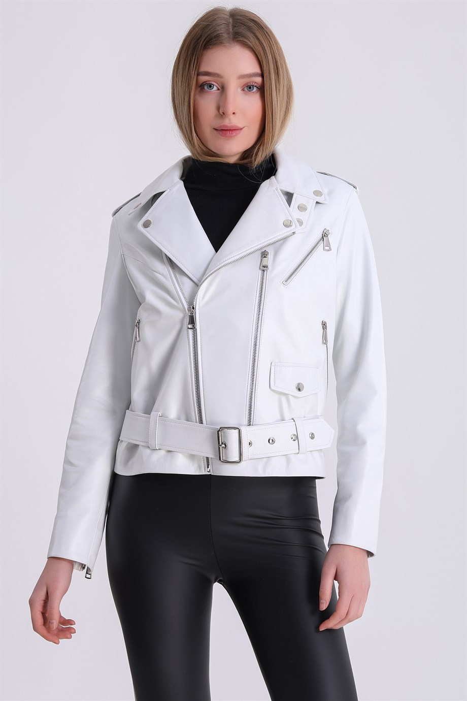 Beyaz Biker Deri CeketCeket