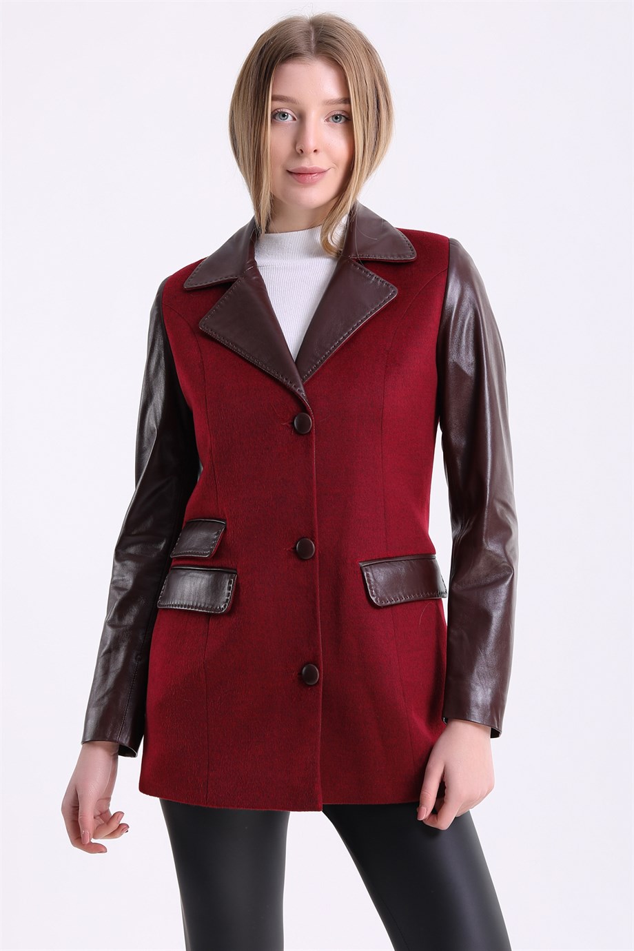 سترة بليزر كشمير عنابية, LC Leather Club
