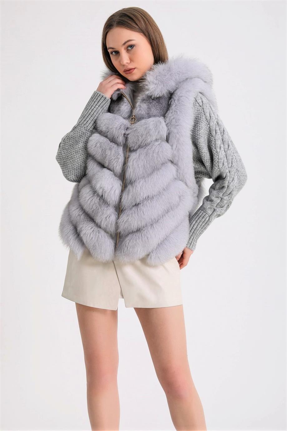 Серая куртка из лисьего меха с трикотажной отделкой, LC Leather Club