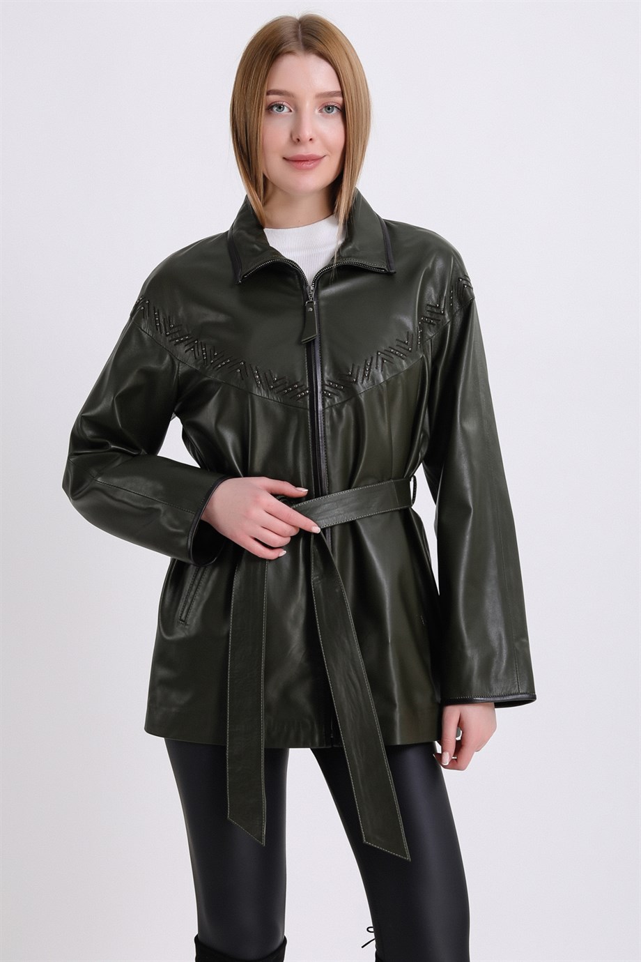 Куртка из овчины хаки с деревянными пуговицами, LC Leather Club