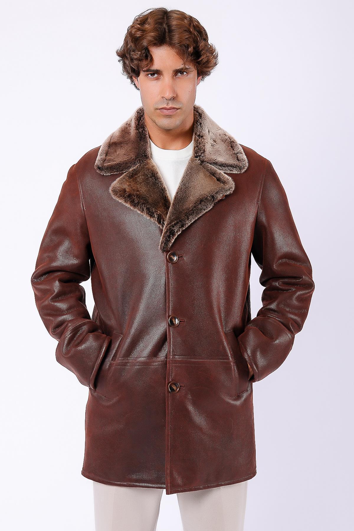 Brown Crack Fur-Lined Genuine Leather Coat, LC Leather Club