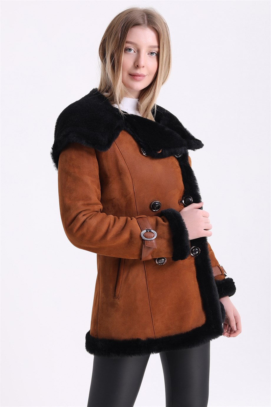 Коричневое пальто из меха ягнёнка с капюшоном, LC Leather Club