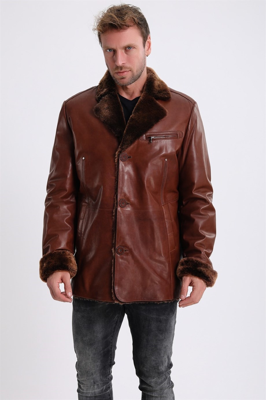 معطف جلدي بني ببطانة فرو, LC Leather Club
