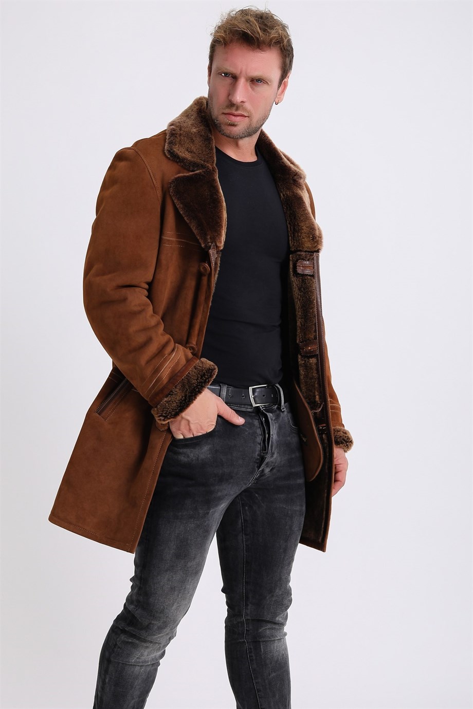 معطف شامواه بني ببطانة فرو, LC Leather Club