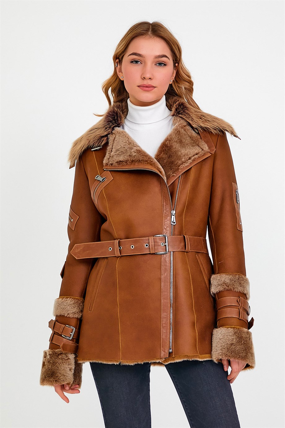 معطف من فرو الحمل بني, LC Leather Club