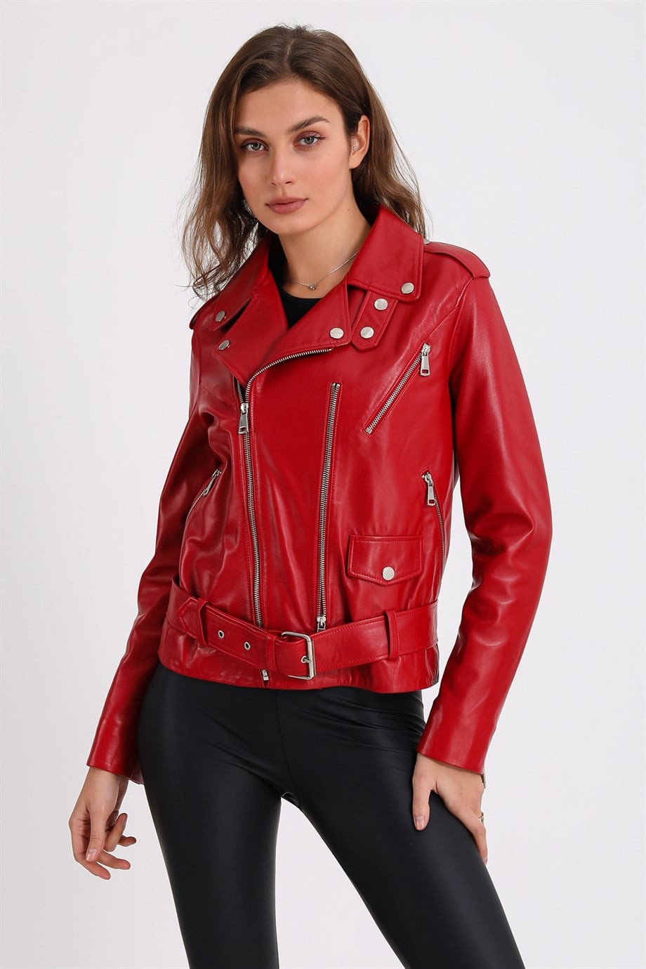 سترة جلدية بايكر حمراء, LC Leather Club