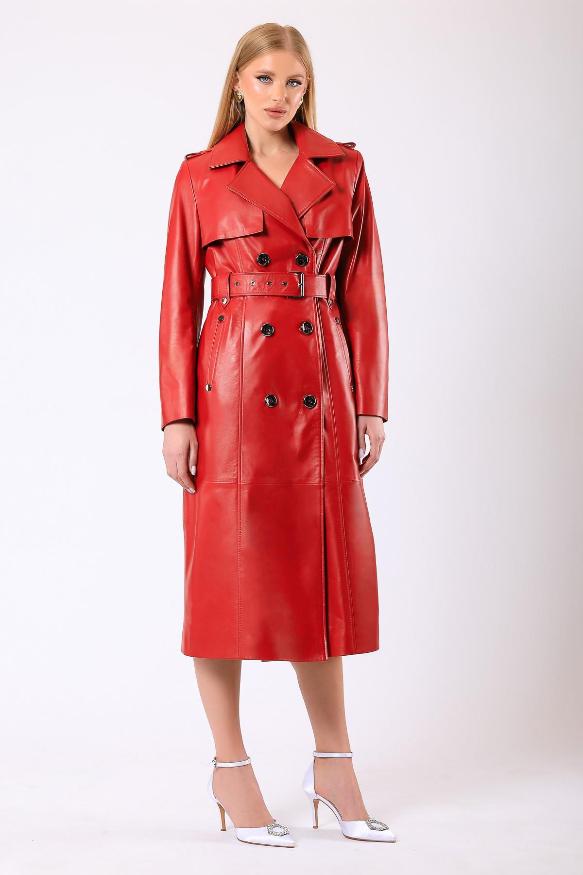 Kırmızı Celine Hakiki Deri Trench KabanKaban