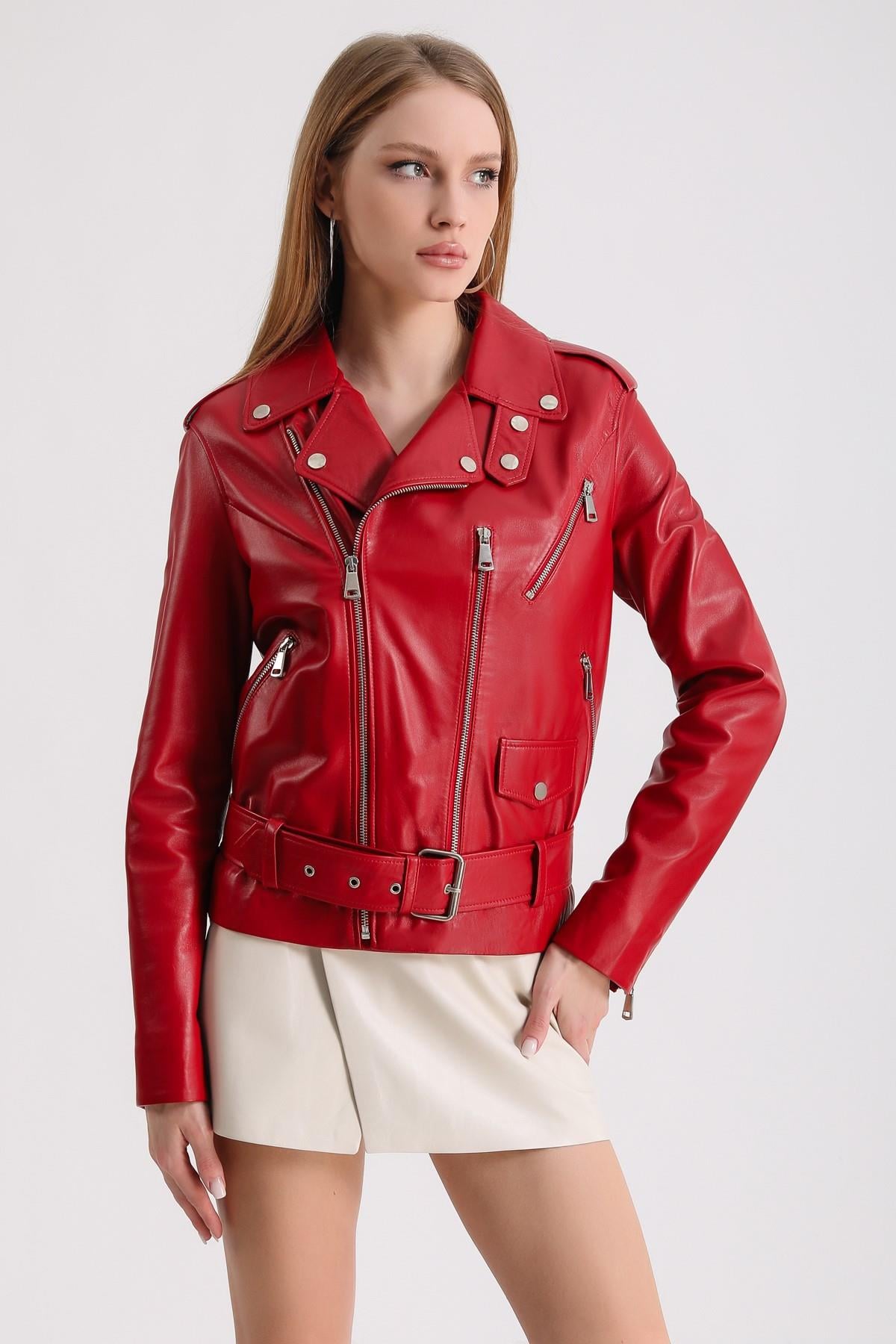 Kırmızı Oversize Biker Deri CeketCeket