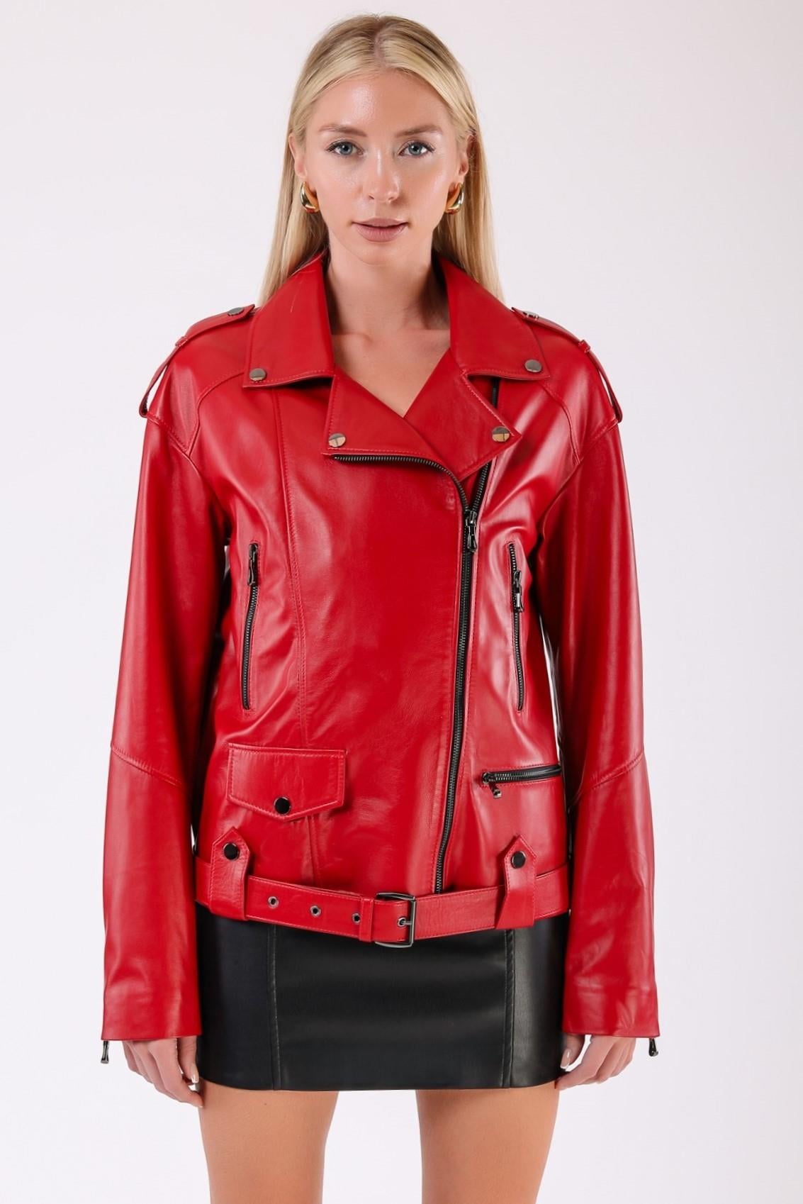 Kırmızı Oversize Biker Hakiki Deri CeketCeket