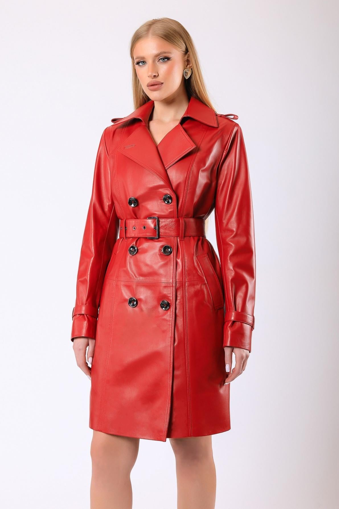 Kırmızı Scarlet Hakiki Deri Trench KabanKaban