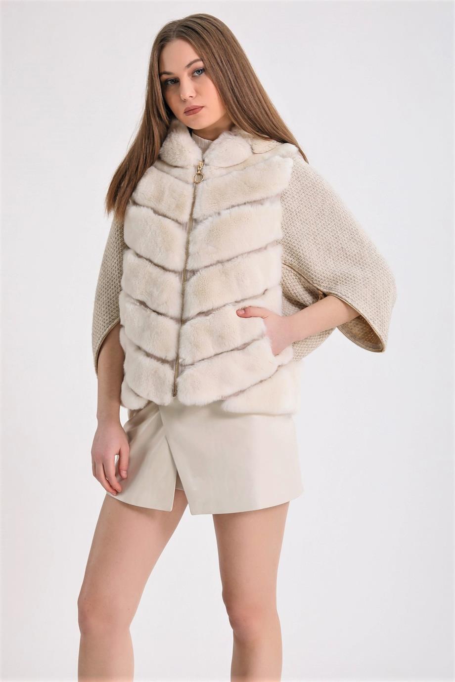 Кремовая куртка из меха рекс с трикотажной отделкой, LC Leather Club