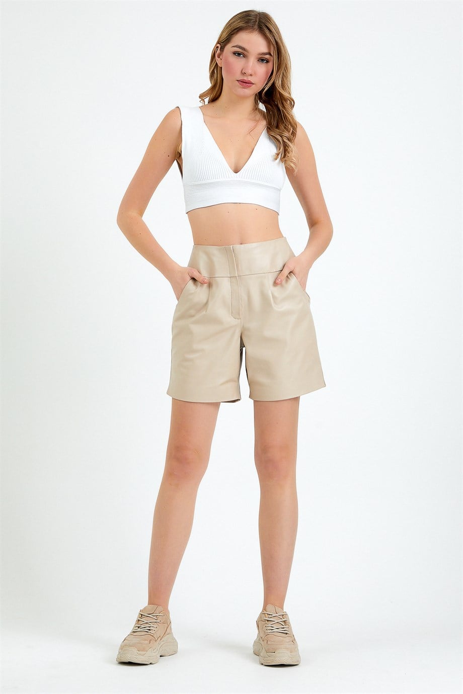 Krem Regular Fit Deri ŞortŞort