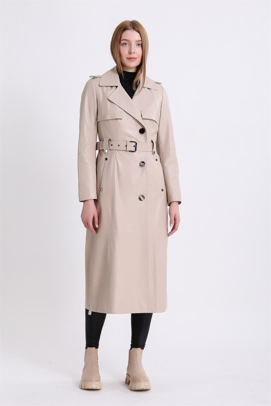 معطف ترنش جلدي كريمي, LC Leather Club