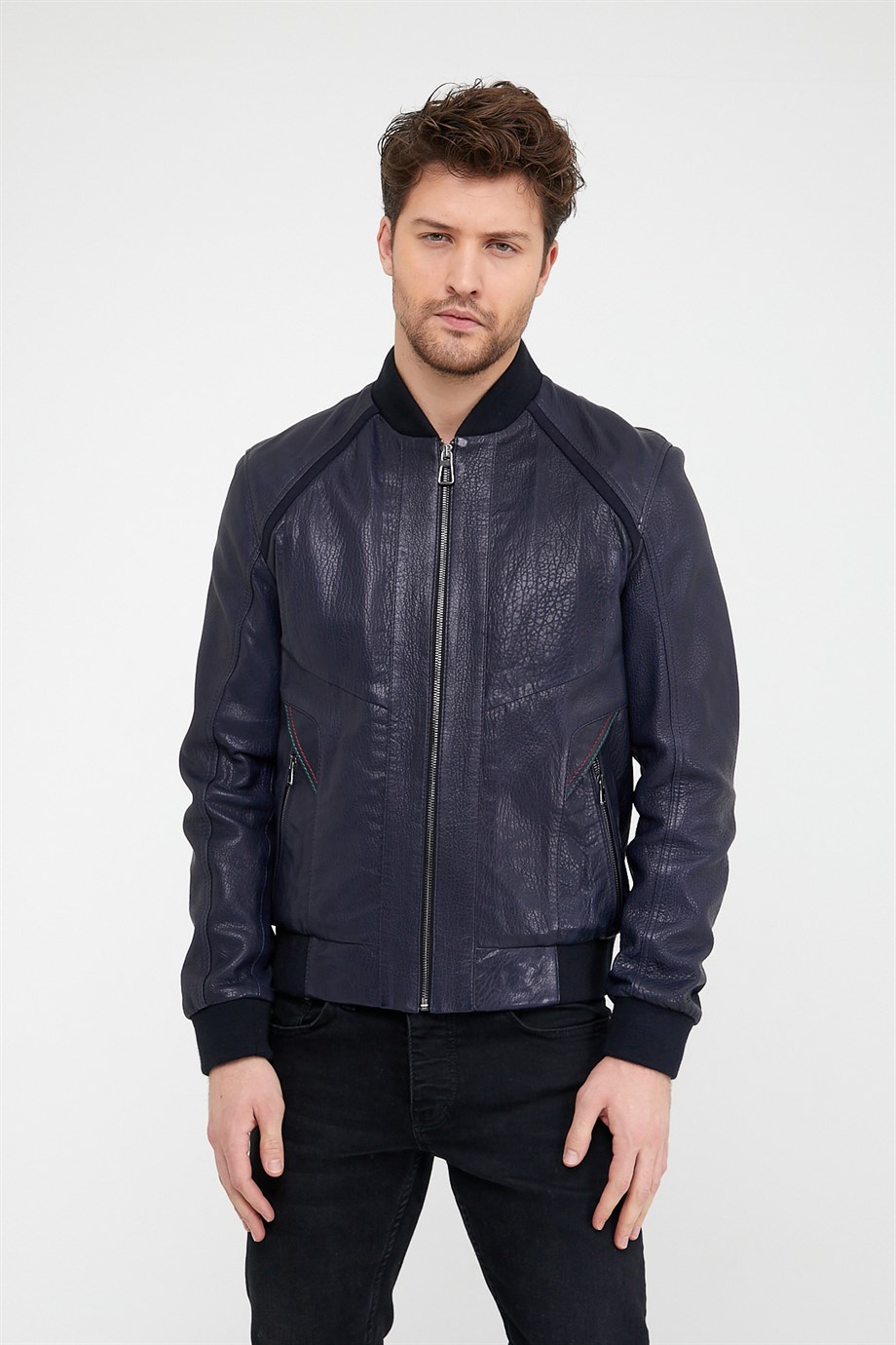 Тёмно-синяя кожаная куртка Jumbo, LC Leather Club