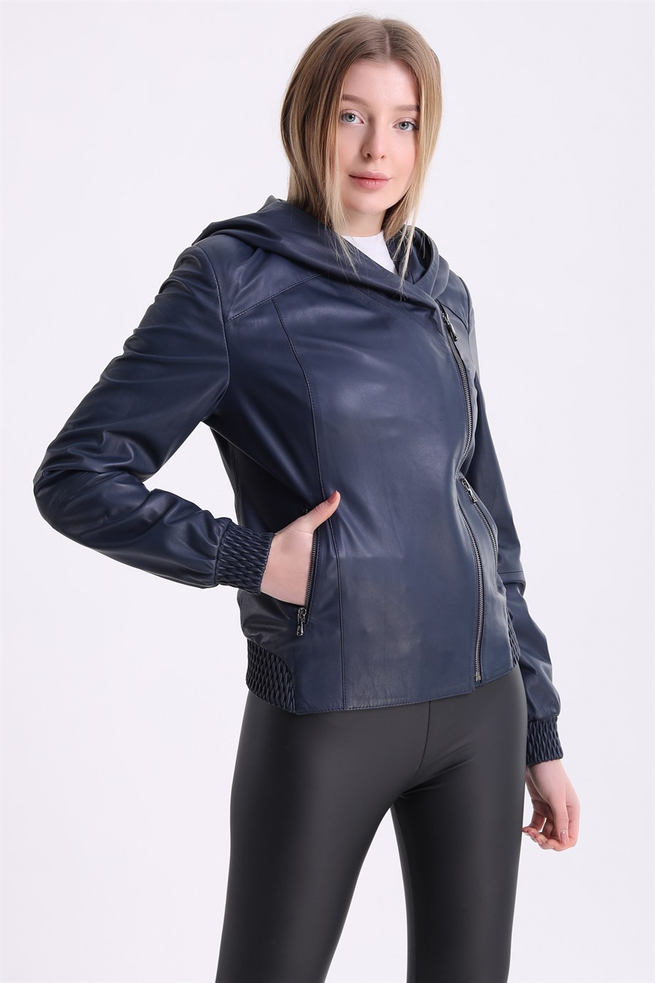 Тёмно-синяя кожаная куртка с капюшоном, LC Leather Club