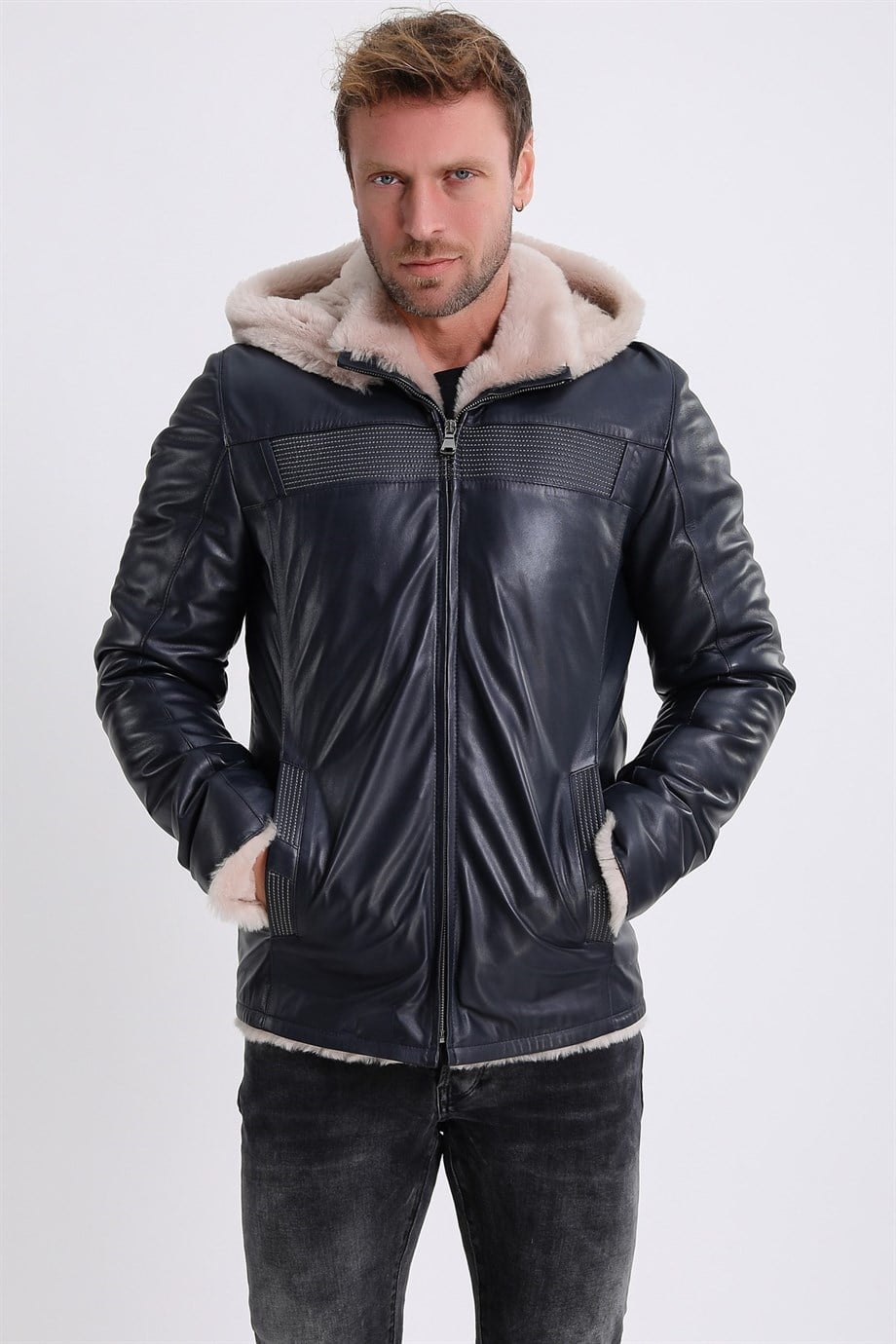 معطف جلدي كحلي ببطانة فرو, LC Leather Club