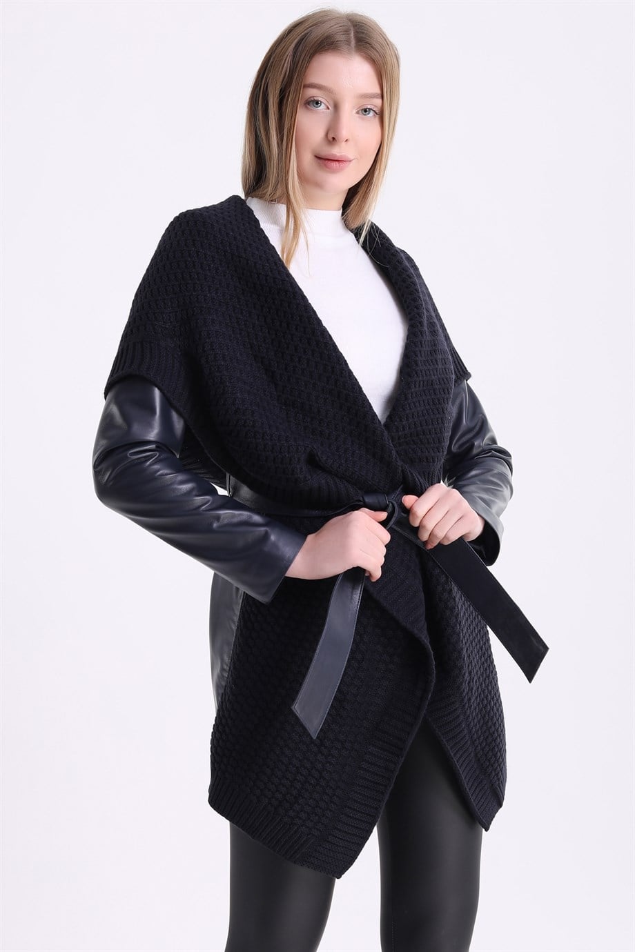 Тёмно-синяя трикотажная кожаная куртка, LC Leather Club