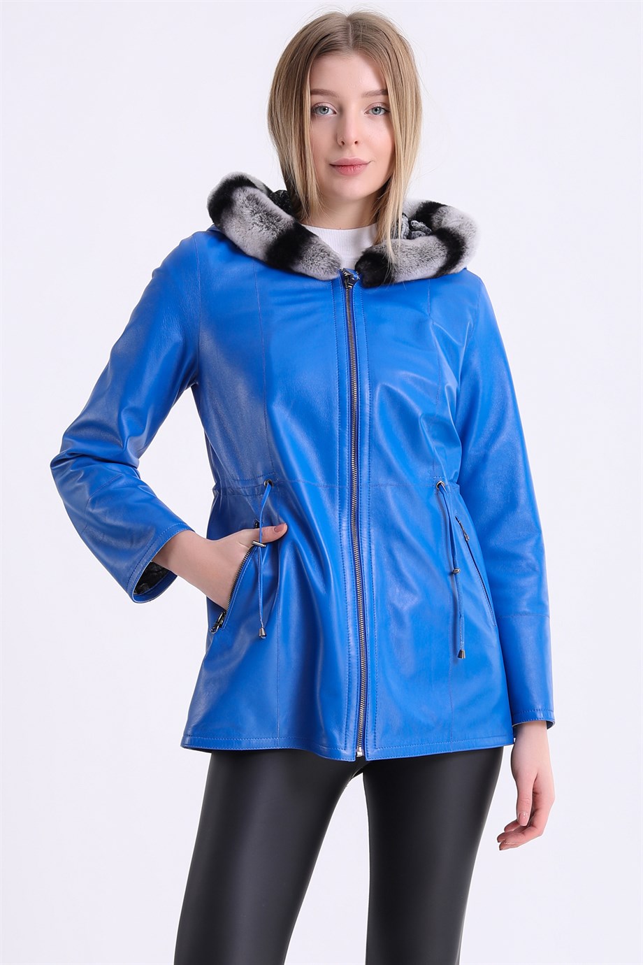 Mavi Çift Taraflı Rex Kürk Aksesuarlı Deri KabanKaban