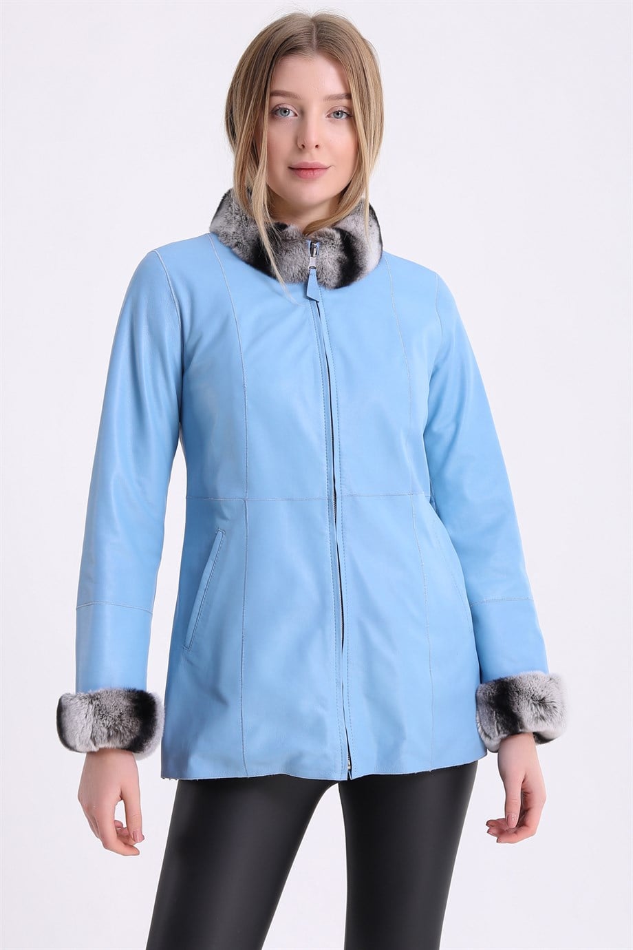 Mavi Çift Taraflı Rex Kürk Aksesuarlı Deri CeketCeket