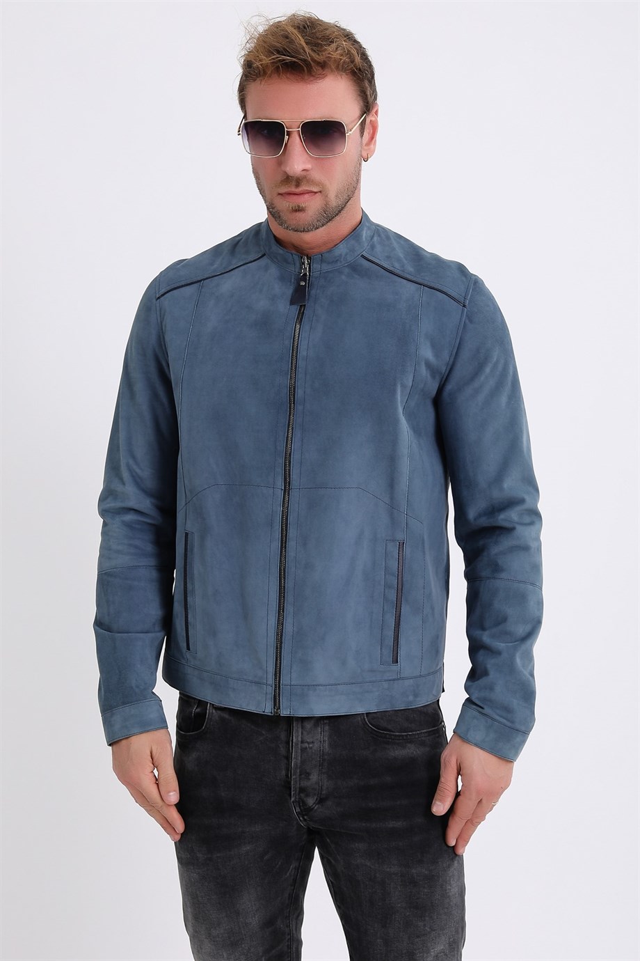 سترة جلدية شامواه زرقاء بوجهين, LC Leather Club