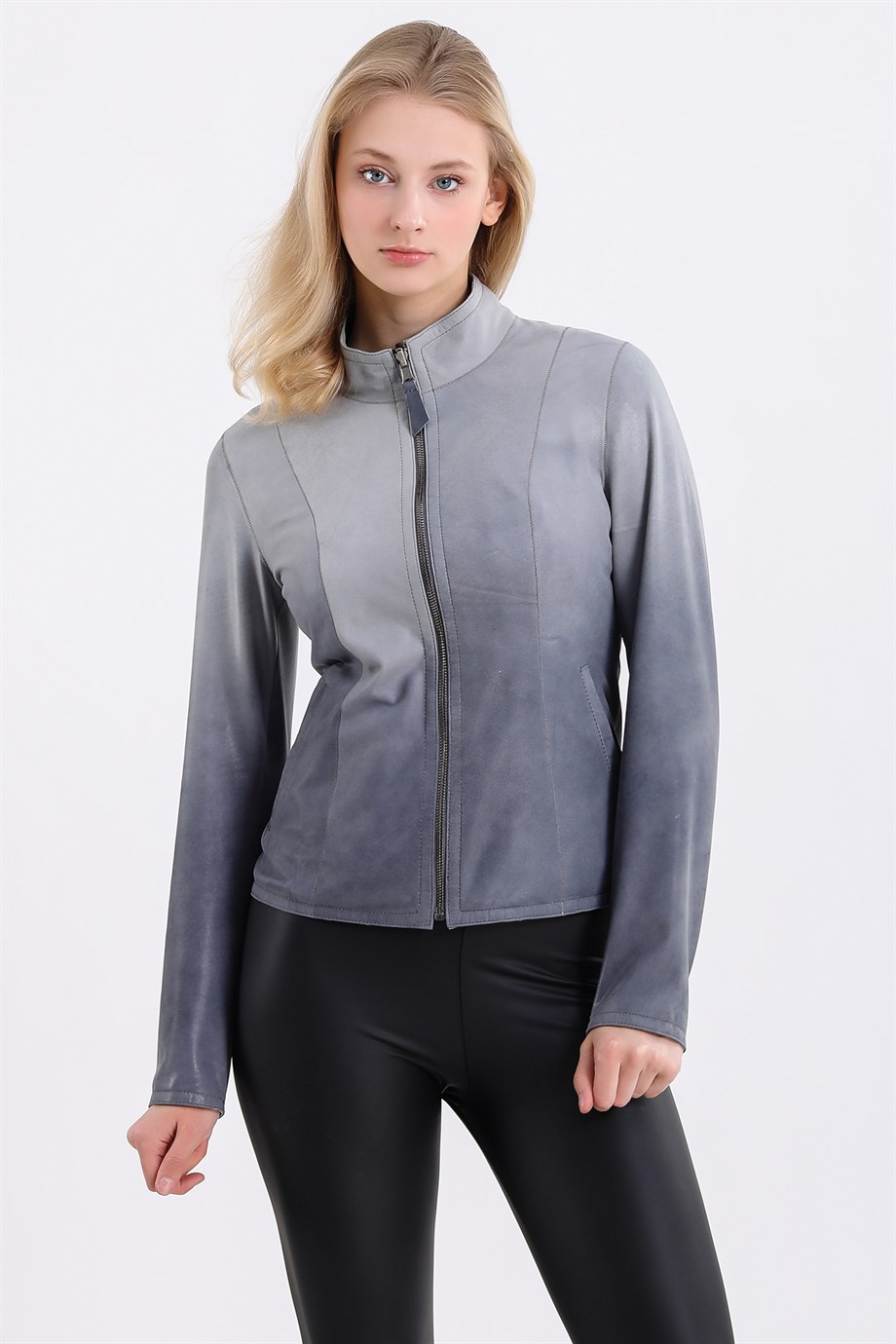 Голубая кожаная двусторонняя куртка градиент, LC Leather Club