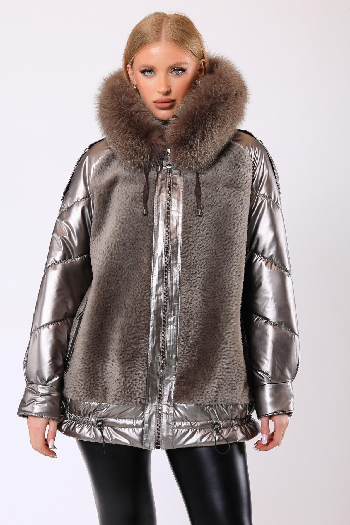 معطف منفوخ صوفي بني معدني Taylor بكسوة من الفرو, LC Leather Club