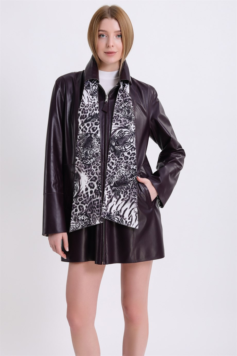 معطف جلدي بوجهين أرجواني, LC Leather Club